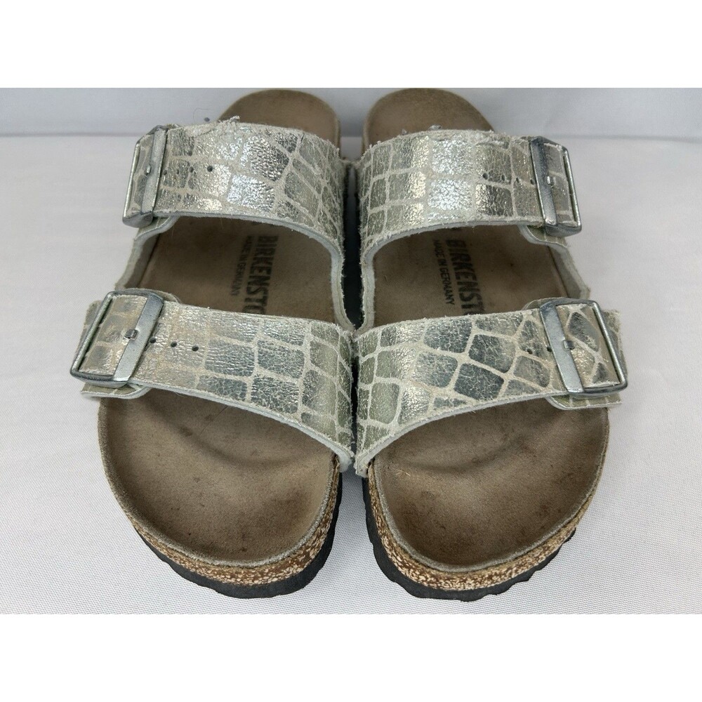 Birkenstock Arizona Silver Gator Gleam Silver 2 Strap Sandals Size 8 US  39 EU - Picture 3 of 9